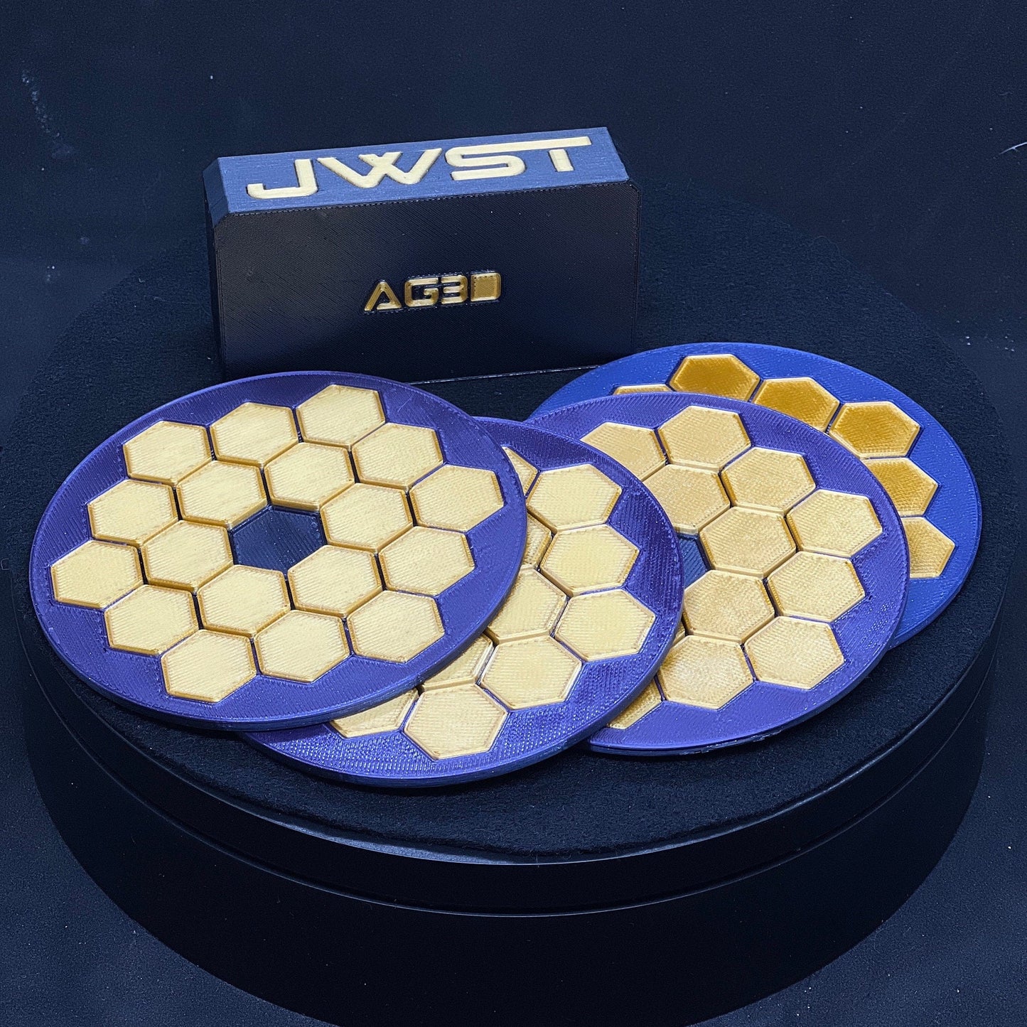 James Webb Space Telescope 3D printed coasters (set x4) and Stand